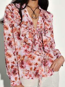 KSTM Floral Ruffle Tie Front Long Sleeve Chiffon Blouse With V Neck And Feminine Print For Spring Summer - Multicolor - View 6
