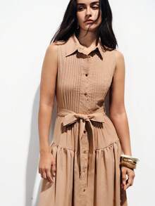 Aveloria Modichic New Fashion Design Sense Casual Solid Color Patchwork Collar Sleeveless Pleated Midi Dress - Brown - View 6