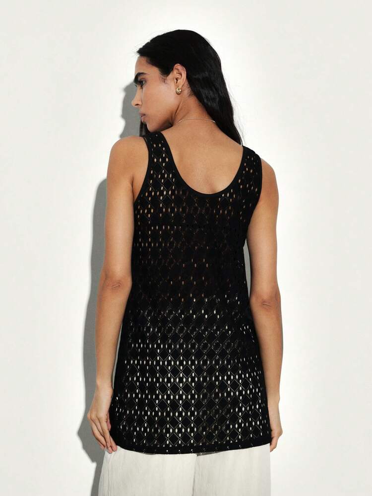 KSTM Women's Black Knit Lace Tank Top Sleeveless Summer Blouse Casual Layering Top Scoop Neck Camisole