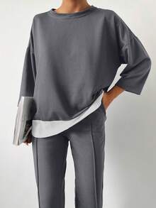 Cottnline Drop Shoulder 2 In 1 Tee & Seam Detail Sweatpants - Grey - View 3