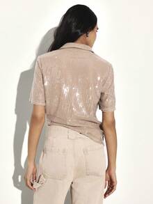 KSTM Sequin Button Up Blouse With Short Sleeves For Evening Party Occasions - Khaki - View 3