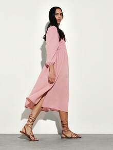 KSTM Smocked Square Neck Midi Dress With Puff Sleeves And Ruffle Details For Spring Summer Casual Feminine Style - Dusty Pink - View 5
