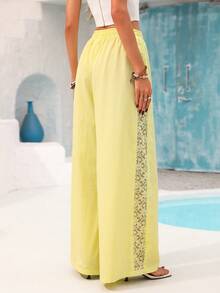 Vivid Eden Yellow Contrast Lace Wide Leg Pants, Casual Vacation - Yellow - View 2