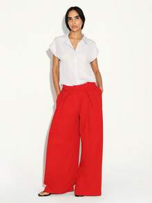 KSTM Pleated Wide Leg High Waisted Palazzo Pants For Women - Casual Chic Loose Fit Trousers With Front Pleats - Red - View 1