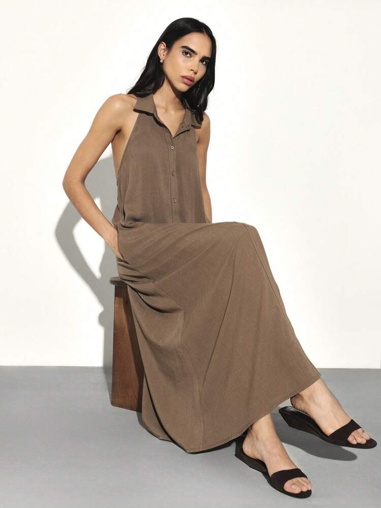 KSTM Halter Neck Button Front Long Dress With Open Back Design Summer Maxi Dress
