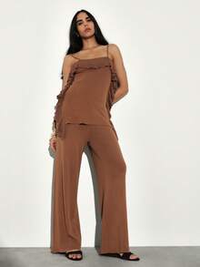 KSTM Women's Knit Co-Ord Set With Ruffle Details Sleeveless Cami Top And Wide Leg Trousers Matching Two Piece Outfit - Rust Brown - View 7