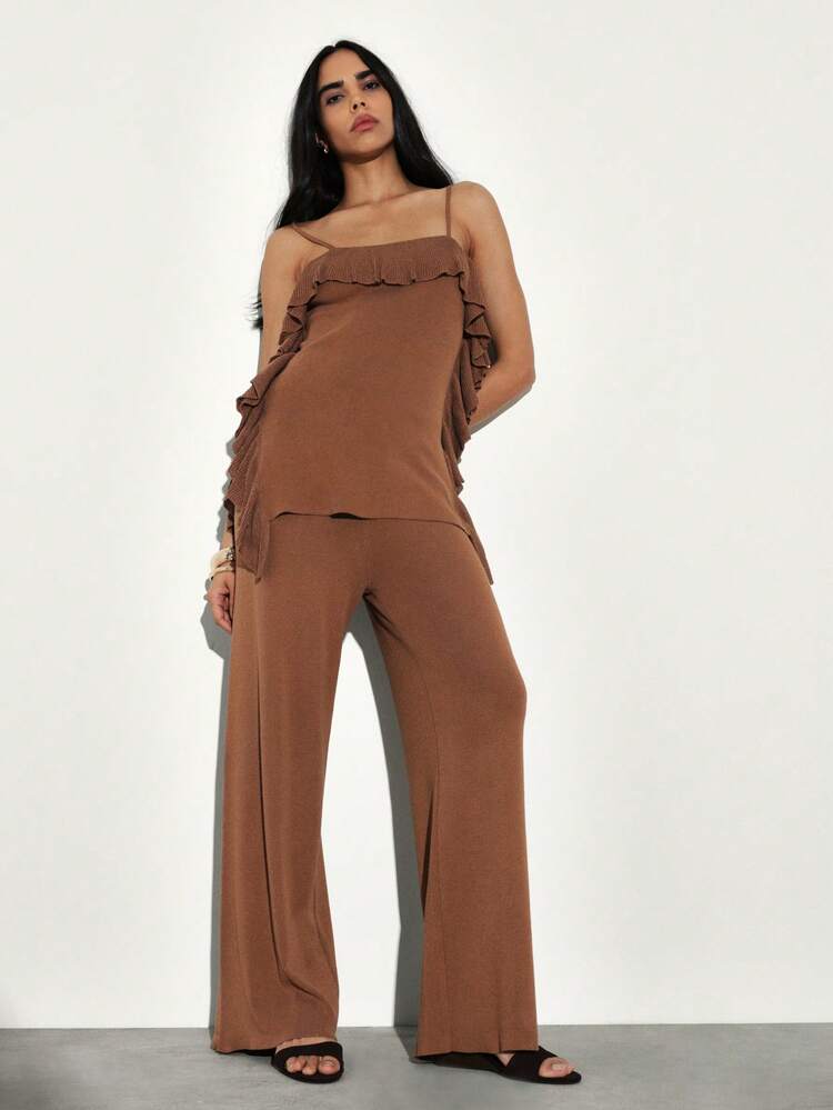 KSTM Women's Knit Co-Ord Set With Ruffle Details Sleeveless Cami Top And Wide Leg Trousers Matching Two Piece Outfit