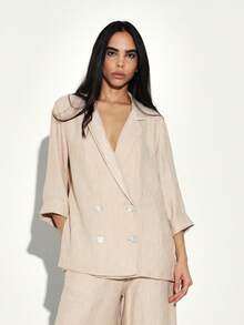 KSTM Women's Textured Double-Breasted Lightweight Blazer With Pearl Buttons And Relaxed Fit - Apricot - View 5