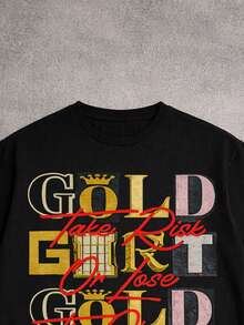 Manfinity EMRG 男女通用复古标语图案T恤，宽松街头风信仰T恤，黑色 - 黑色 - 查看 5