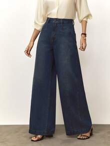 Daynim Calça Jeans Feminina Wide Leg com Bolsos Diferenciados Lavagem Escura sem taxa de importação - Lavagem escura - Visão 6