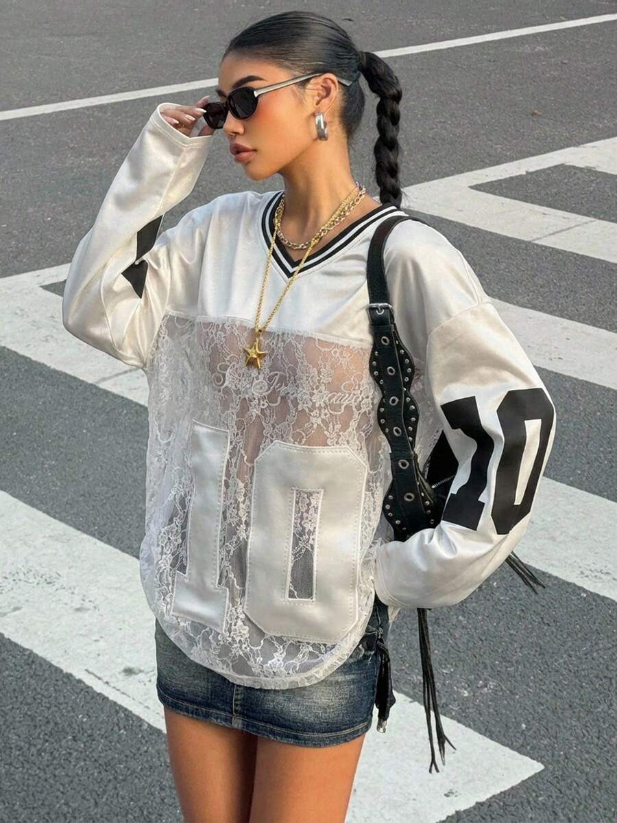 Muchica 女士休闲时尚街头风V领数字印花透视蕾丝落肩宽松长袖T恤，夏季 - 白色 - 查看 1