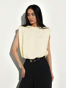 KSTM Áo tank top nữ không tay có đệm vai màu kem, kiểu dáng thường ngày, thích hợp mặc đi làm, mùa hè, xuân. - Vàng nhạt - Xem 4