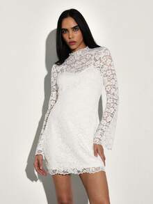 KSTM Women's White Lace Long Sleeve Mini Dress High Neck Bodycon Party Evening Formal Dress With Ruching Detail - White - View 4