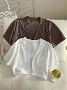 SHEIN EZwear 2pcs/Set Plus Size Women Summer Short Sleeve Open Front Jacket, Black & White Crop Top Jacket Solid Color Tops Cotton Tops Linen Crop Shirts - Brown - View 3