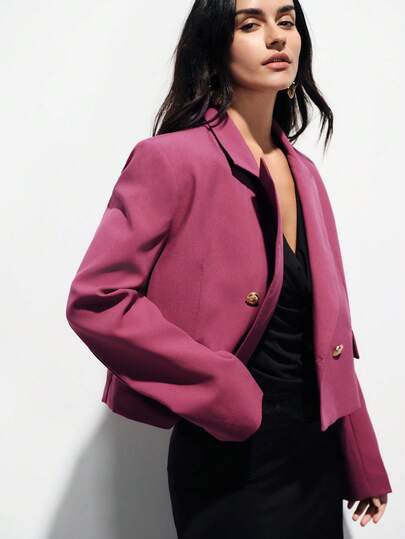 Aveloria Modichic 新款女士通勤时尚纽扣装饰条纹面料短款双排扣西装外套