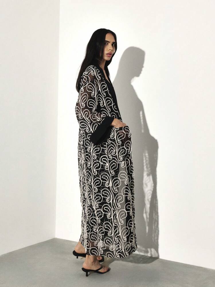 KSTM Women's Long Paisley Print Mesh Kimono Cover Up Open Front Cardigan With Black Trim Boho Beach Robe