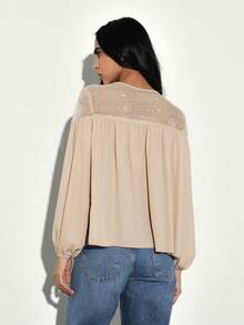 KSTM Boho Lace Yoke Peasant Blouse Long Sleeve Tie Neck Flowy Top Fall Spring Feminine Vintage Style - Camel - View 2