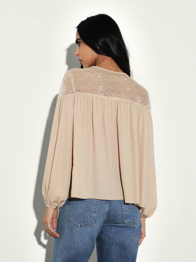 KSTM Boho Lace Yoke Peasant Blouse Long Sleeve Tie Neck Flowy Top Fall Spring Feminine Vintage Style