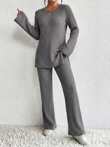 Cloudara Cotton Knitted T-Shirt And Pants Set With Split Cuffs And Hem Ribbed Detail - Grey - View 3