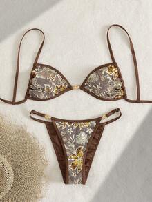 Swim Vcay 新款女士优雅奢华 Y2K 辣妹风两件式比基尼套装，巧克力棕色薄纱三角上衣，饰有手工刺绣花卉和金色亮片豹纹印花，正面金色圆环装饰，高腰性感泳裤侧边饰有圆环，复古迪斯科魅力风格泳装，完美适用于夏季海滩度假、泳池派对、游艇出游、夜间活动和节日盛装。 - 棕色 - 查看 5
