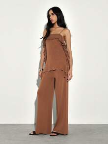 KSTM Women's Knit Co-Ord Set With Ruffle Details Sleeveless Cami Top And Wide Leg Trousers Matching Two Piece Outfit - Rust Brown - View 3