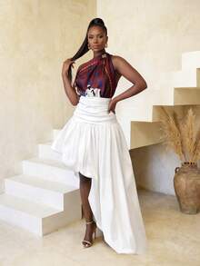 BamGlimmer 春季情人节新年假日新款白色宽松不规则下摆收腰女裙，时尚活泼的度假嘻哈休闲风，适合旅行、日常穿着、返校、派对等场合。 - 白色 - 查看 5