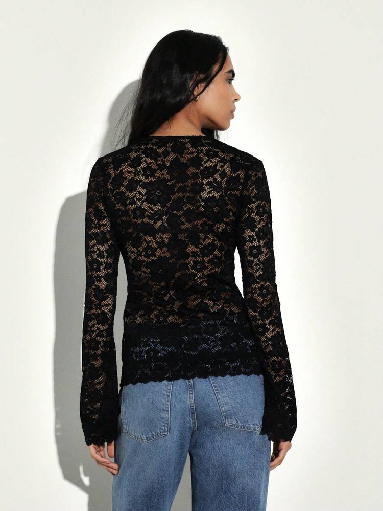 KSTM Long Sleeve Black Lace Guipure Top With V-Neck And Tie Front Detail For Women Elegant Evening Party Blouse