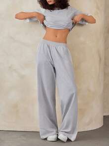 EURMUSE Sporty Chic Contrast Piping Round Neck Grey Soft Cotton Tee And Wide-Leg Pants Set - Grey - View 2