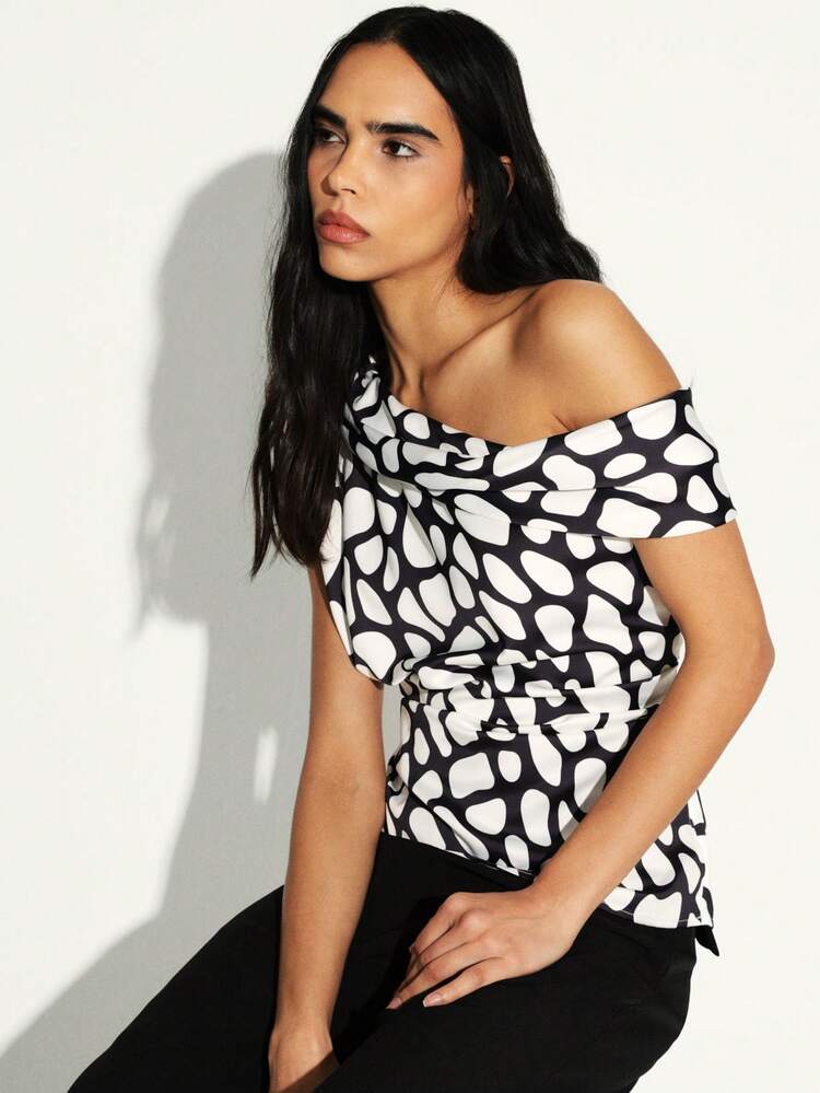 KSTM Assymetric Off Shoulder Ruched Top With Abstract Spot Pattern For Evening Office Casual