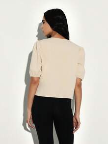KSTM Women Tie Front Blouse With Bow Detail Short Puff Sleeves Deep V Neck Top Cropped Style Office Casual - Khaki - View 2