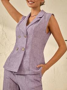 Bóhologie Linen Fabric Gold Button Detailed Vest And Pant Suit Sets - Lilac Purple - View 5