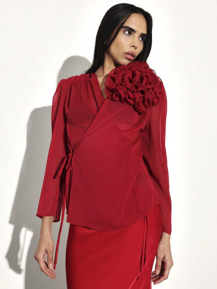 KSTM Elegant Wrap Blouse With Dimensional Flower Applique Detail And Side Tie Closure For Special Occasions