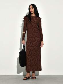KSTM Women Long Sleeve Maxi Dress With Floral Burnout Pattern And Boat Neckline For Fall Winter - Brown - View 1