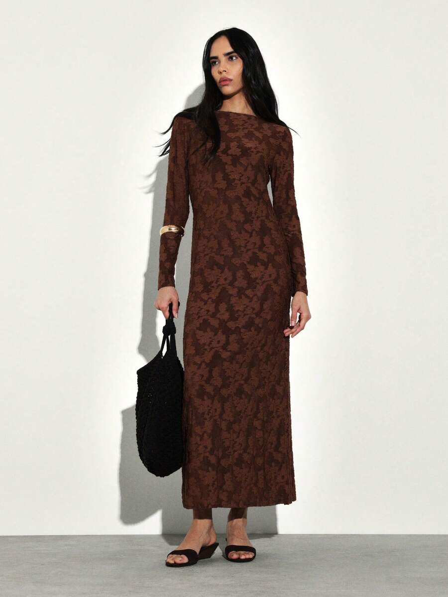 KSTM Women Long Sleeve Maxi Dress With Floral Burnout Pattern And Boat Neckline For Fall Winter - Brown - View 1