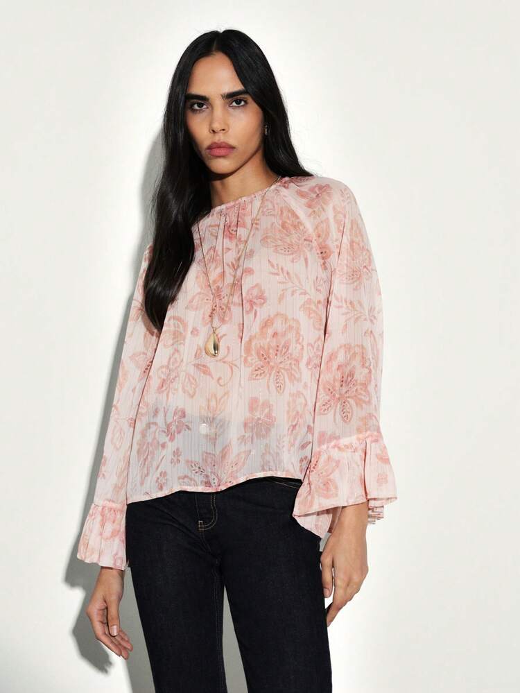 KSTM Blouse femme à imprimé floral avec manches évasées à volants, col rond, Top plissé froncé, chemise en mousseline de soie décontractée pour le printemps et l'été, mode
