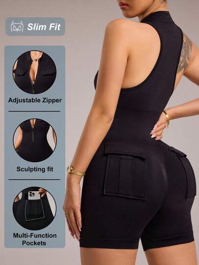 With My Calm Mono deportivo sin mangas con cremallera hasta la mitad, de unicolor y minimalista, para mujer, de verano