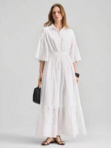 Ontre 女士纯色纽扣镂空刺绣休闲度假连衣裙 - 白色 - 查看 6
