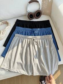 Comfortcana Plus Size Women Solid Color Drawstring Waist Pleated Casual Versatile Daily Shorts - Multicolor - View 7