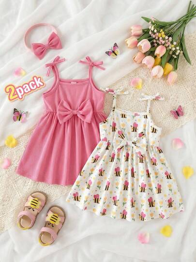 SHEIN 2pcs Toddler Baby Girls Clothes Cute Pink Strawberry Style Little Bee Graphic Print Bow Front Ribbed Cami Dress Set Sleeveless A-Line Vestidos Outfits For Spring Summer Vacation Birthday Party Travel