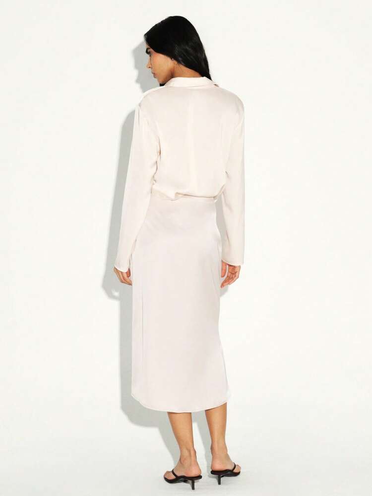 KSTM Satin Midi Skirt With Side Slit Wrap Style High Waisted Elegant Formal Party Wedding Guest Evening Office Professional Sophisticated Luxe