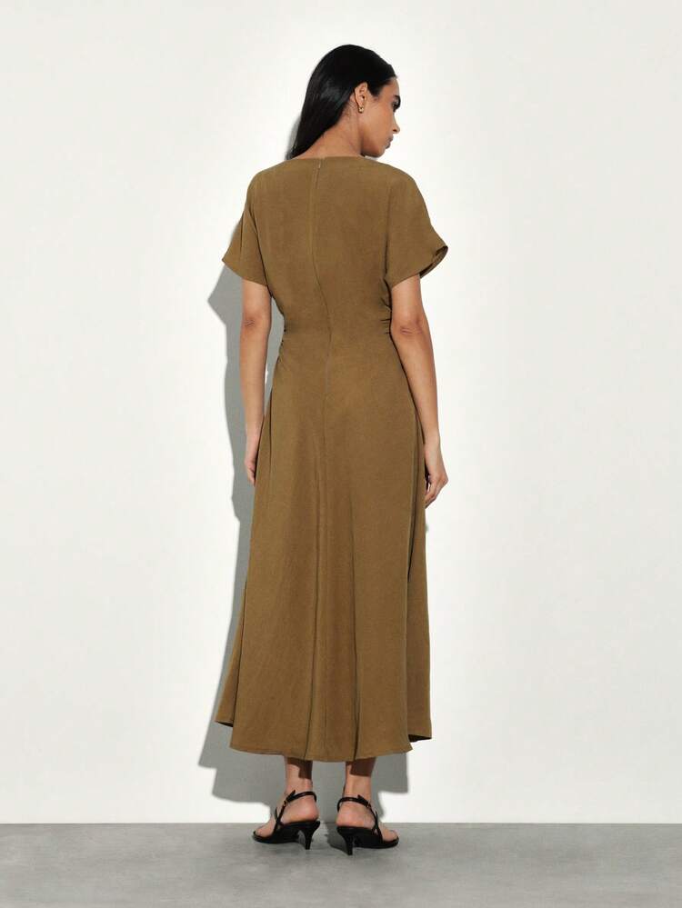 KSTM Vネック 半袖 ギャザー入り ミディ丈ラップドレス カジュアル エレガント 春夏秋用ロングドレス