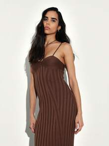 KSTM Ribbed Knit Brown Sleeveless Bodycon Sweater Dress Spaghetti Strap Long Maxi Evening Formal - Coffee Brown - View 4