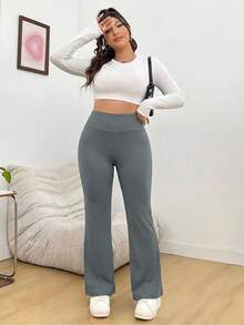 SHEIN EZwear Dark Grey High Waist Flare Pants For Women Flared Leggings - Dark Grey - View 5