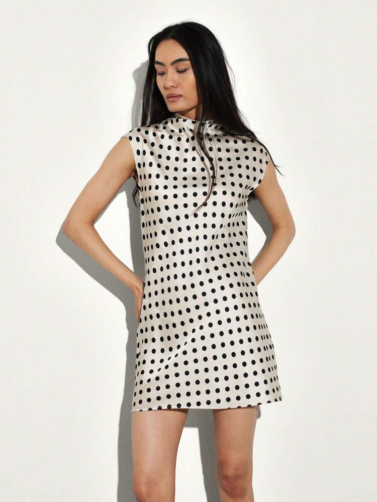 KSTM Polka Dot Satin Mini Dress With Mock Neck And Cap Sleeves For Vintage Retro Style Casual Party Wear