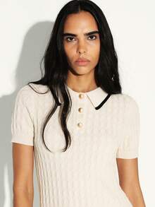 KSTM Ribbed Knit Mini Polo Dress With Contrast Trim Short Sleeve Button Front Sweater Dress Fall Winter - Beige - View 5