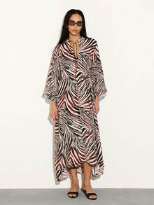 KSTM 女士长款系带卡夫坦连衣裙，抽象斑马纹印花，V领，七分袖，飘逸长裙 - 彩色 - 查看 3