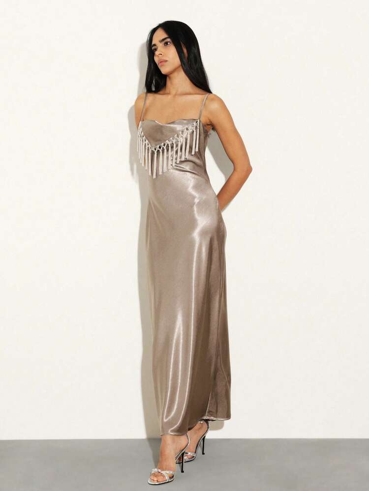 KSTM Champagne Satin Maxi Slip Dress With Fringe Detail Cami Straps Evening Formal Party Wedding Guest Outfit