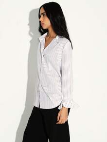 KSTM Regular Women's Oversized Pinstriped Button Down Blouse Long Sleeve Professional Office Shirt Classic Collar Work Top - Black and White - View 4