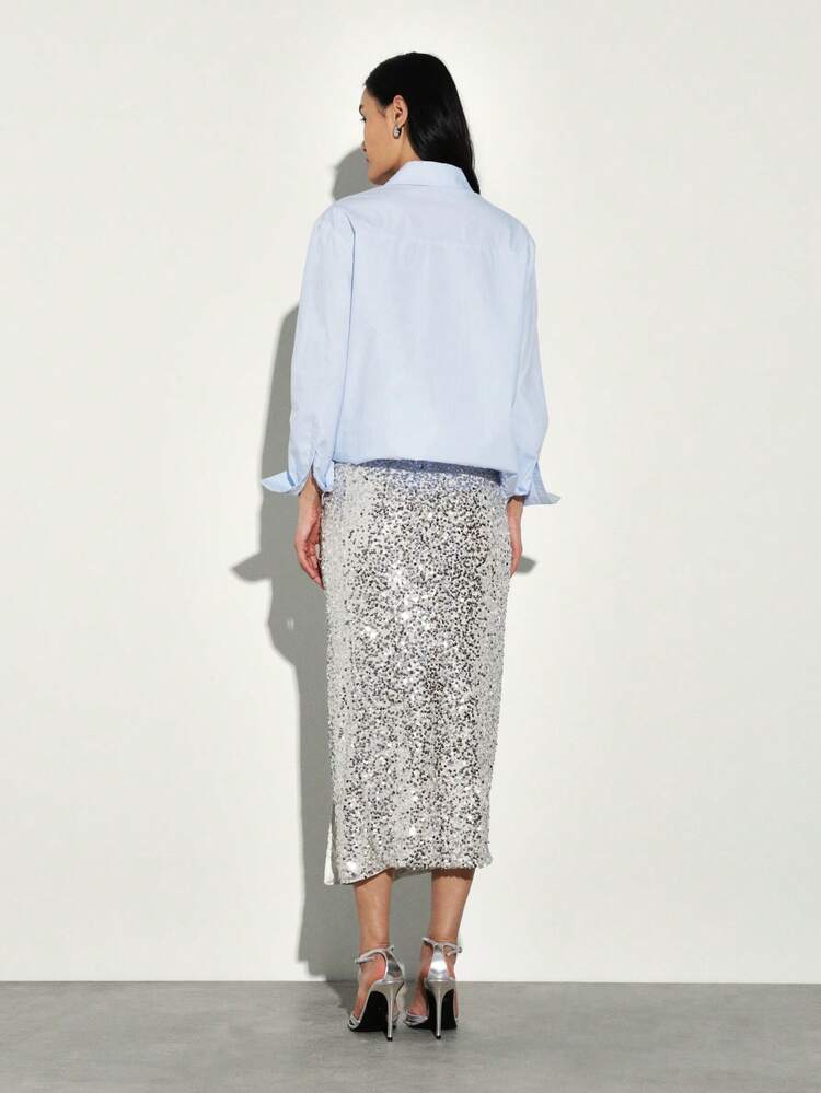 KSTM Sequin Midi Pencil Skirt With Shimmer Texture High Waist Column Silhouette Party Evening Formal Occasion Wear