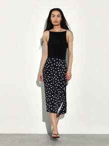 KSTM Polka Dot Midi Skirt With Ruffle Hem Detail High Waisted Wrap Style Casual Summer Spring Fall Vintage Retro Fashion - Black - View 7